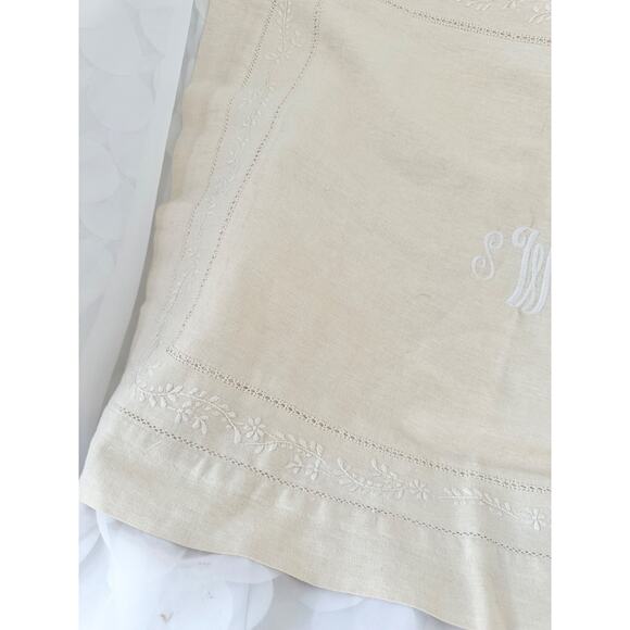 Vintage Pottery Barn Linen Cotton Pillow Shams Ecru Beige embroidered monogram - Picture 4 of 10